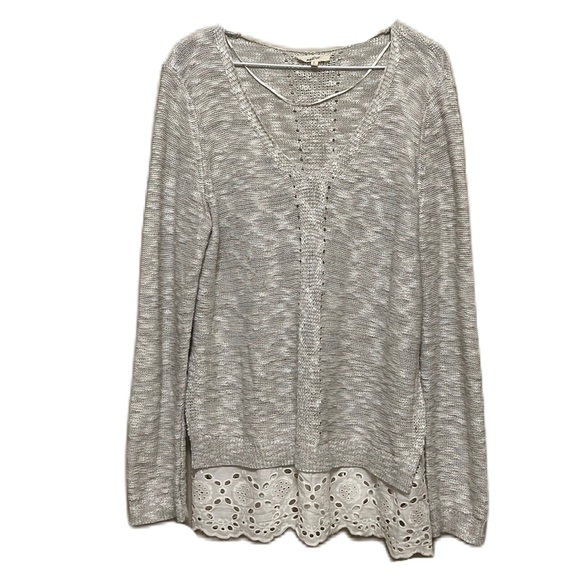 Mystree, Mix Media, Knit, U-Neck,Slit on each side Sweater, Light Taupe/Beige, L - Picture 1 of 8